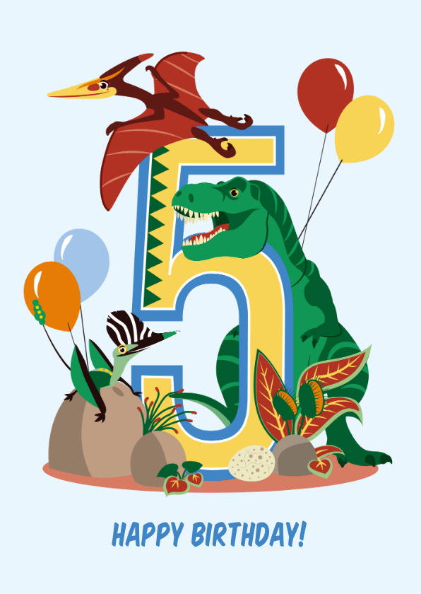 Verjaardagskaarten - Verjaardagskaart jongen 5 jaar met dinosaurussen