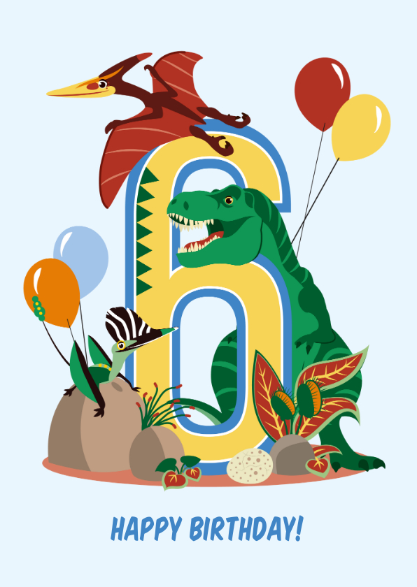 Verjaardagskaarten - Verjaardagskaart jongen 6 jaar met dinosaurussen