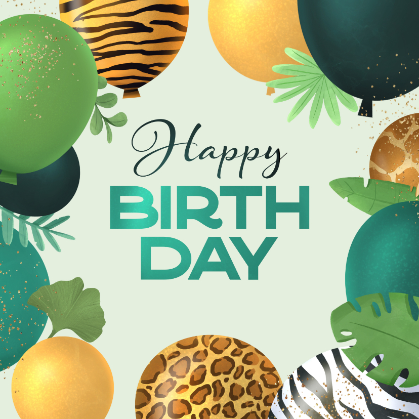 Verjaardagskaart jungle ballonnen happy birthday - Verjaardagskaarten Verjaardagskaarten - Verjaardagskaart jungle ballonnen happy birthday