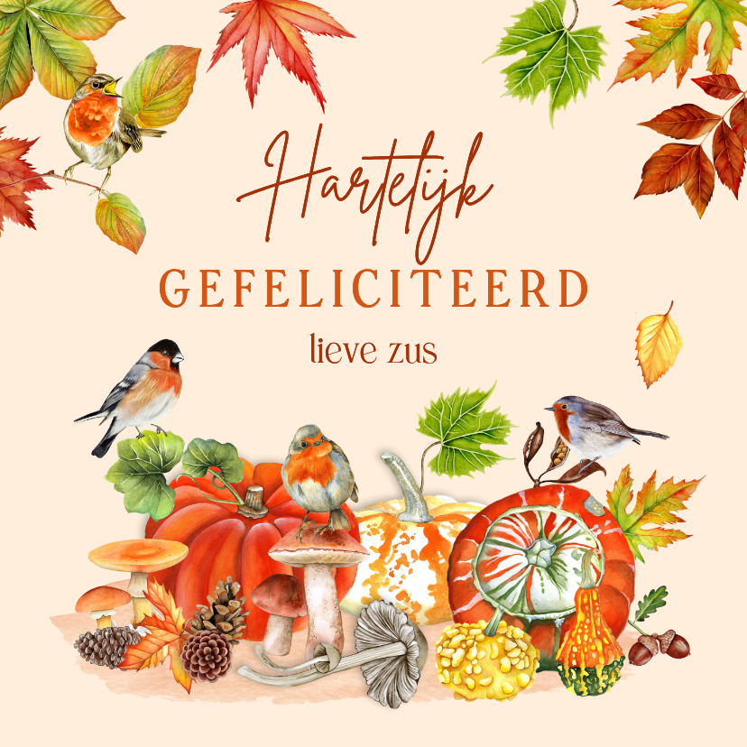 Verjaardagskaart kalebassen pompoen en vogeltjes - Verjaardagskaarten Verjaardagskaarten - Verjaardagskaart kalebassen pompoen en vogeltjes