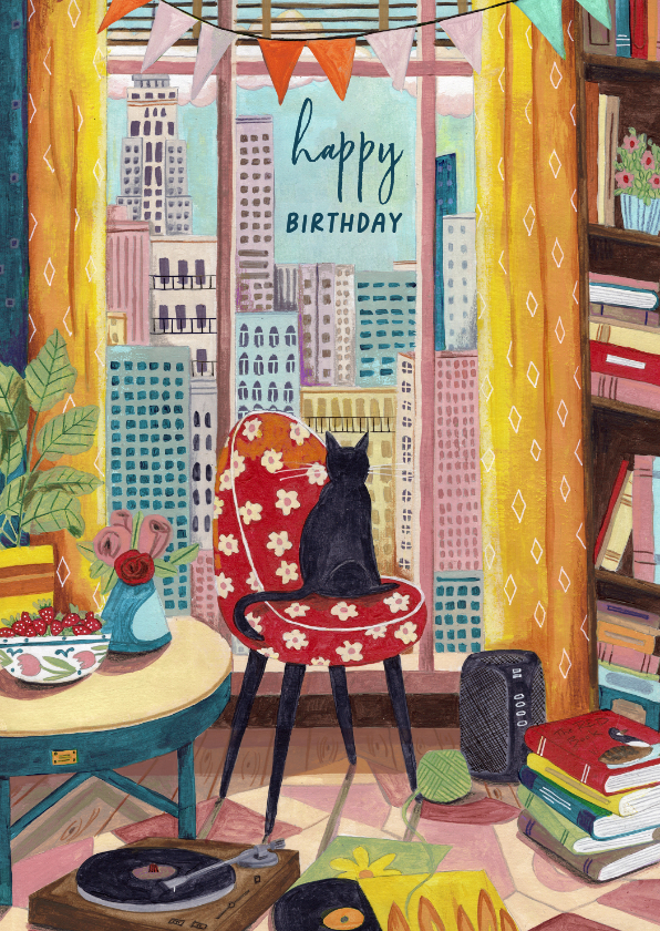 Verjaardagskaart kat in het raam in New York - Verjaardagskaarten Verjaardagskaarten - Verjaardagskaart kat in het raam in New York