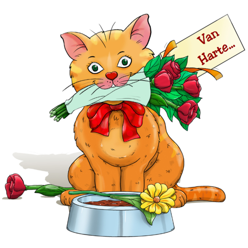 Verjaardagskaart kat met bloemen en kaartje: Van Harte... - Verjaardagskaarten Verjaardagskaarten - Verjaardagskaart kat met bloemen en kaartje: Van Harte...