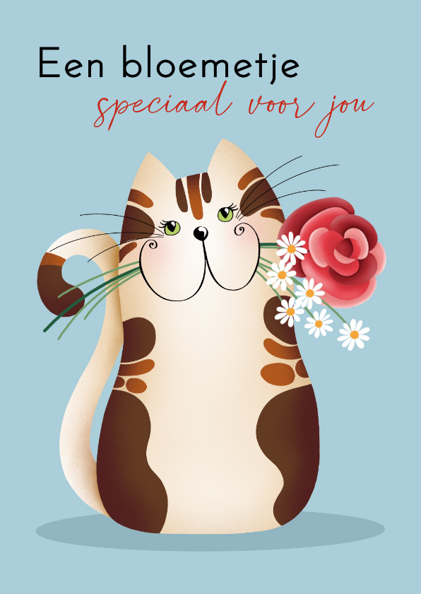Verjaardagskaart - Kat met bloemen in zijn mondje - Verjaardagskaarten Verjaardagskaarten - Verjaardagskaart - Kat met bloemen in zijn mondje