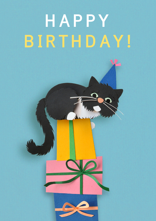 Verjaardagskaarten - Verjaardagskaart kat met cadeautjes