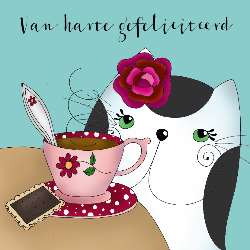 Verjaardagskaart kat met kopje thee of koffie - Verjaardagskaarten Verjaardagskaarten - Verjaardagskaart kat met kopje thee of koffie