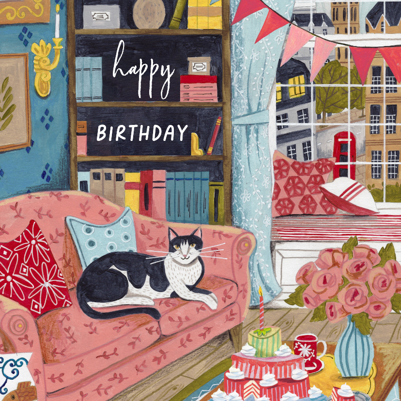 Verjaardagskaarten - Verjaardagskaart kat op de bank in Londen
