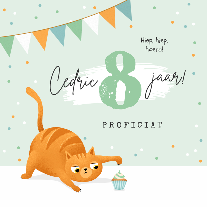Verjaardagskaarten - Verjaardagskaart kat poes cupcake confetti slingers