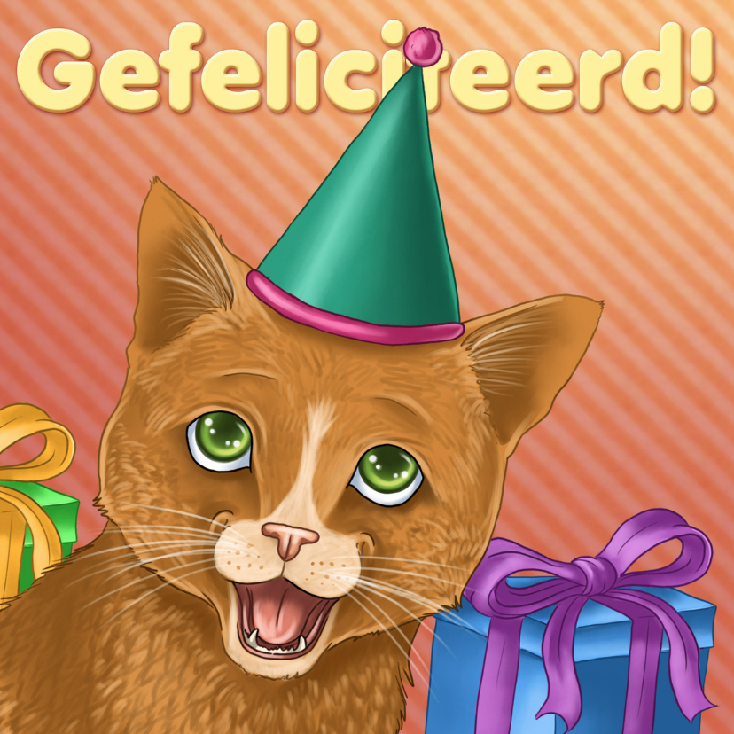 Verjaardagskaarten - Verjaardagskaart katje met feesthoedje