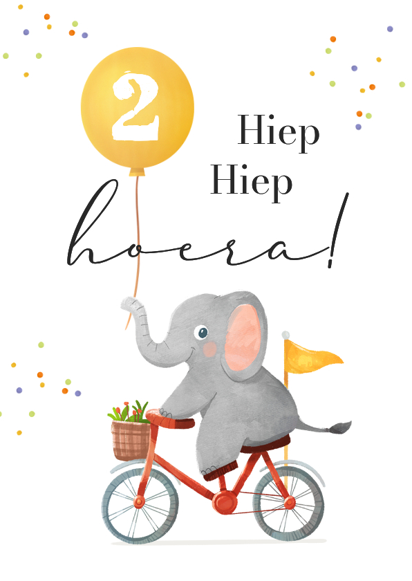 Verjaardagskaart kind 2 jaar fietsende olifant confetti - Verjaardagskaarten Verjaardagskaarten - Verjaardagskaart kind 2 jaar fietsende olifant confetti