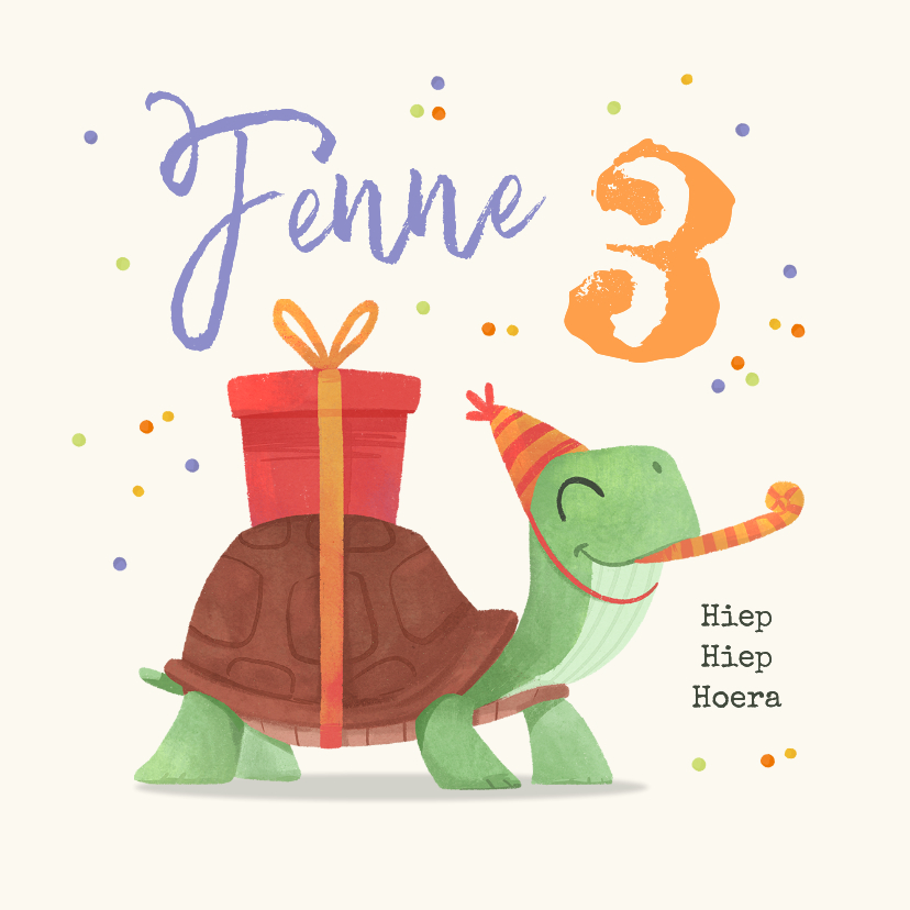 Verjaardagskaart kind 3 jaar schildpad confetti dier - Verjaardagskaarten Verjaardagskaarten - Verjaardagskaart kind 3 jaar schildpad confetti dier