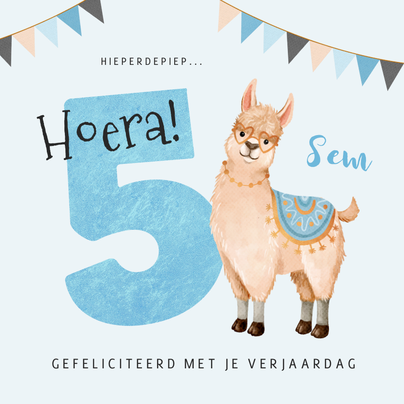 Verjaardagskaart kind 5 jaar alpaca slingers - Verjaardagskaarten Verjaardagskaarten - Verjaardagskaart kind 5 jaar alpaca slingers