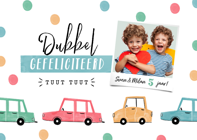 Verjaardagskaarten - Verjaardagskaart kind auto's confetti tweeling
