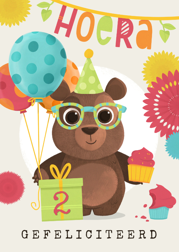 Verjaardagskaarten - Verjaardagskaart kind beer feestje humor ballonnen cupcakes