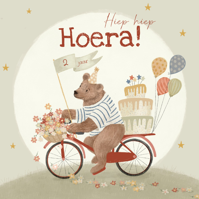 Verjaardagskaarten - Verjaardagskaart kind met beer op een fiets met een taart!