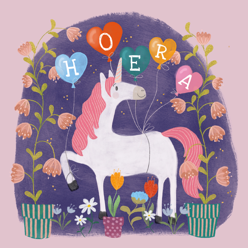 Verjaardagskaarten - Verjaardagskaart kind met unicorn, balonnen en bloemen!