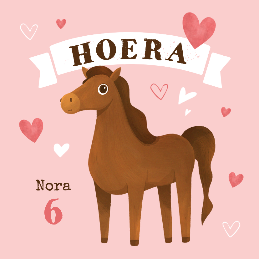 Verjaardagskaarten - Verjaardagskaart kind paard hartjes lief hoera