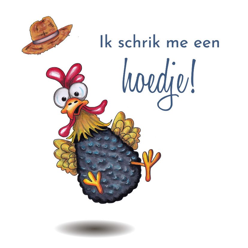 Verjaardagskaarten - Verjaardagskaart kip schrikt zich een hoedje