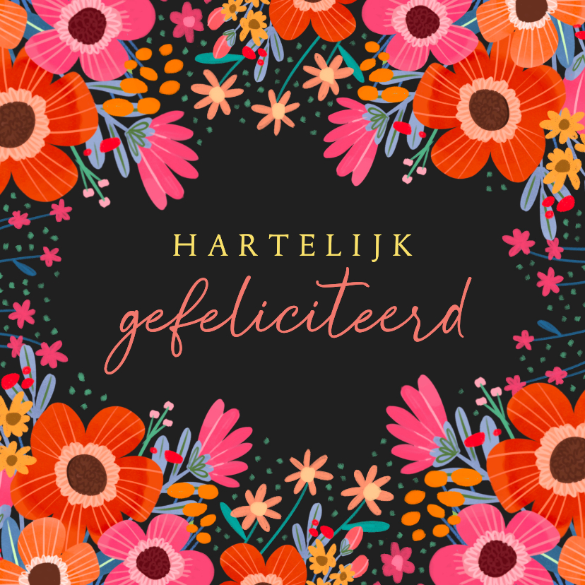 Verjaardagskaarten -  Verjaardagskaart kleuren bom aan bloemen vierkant