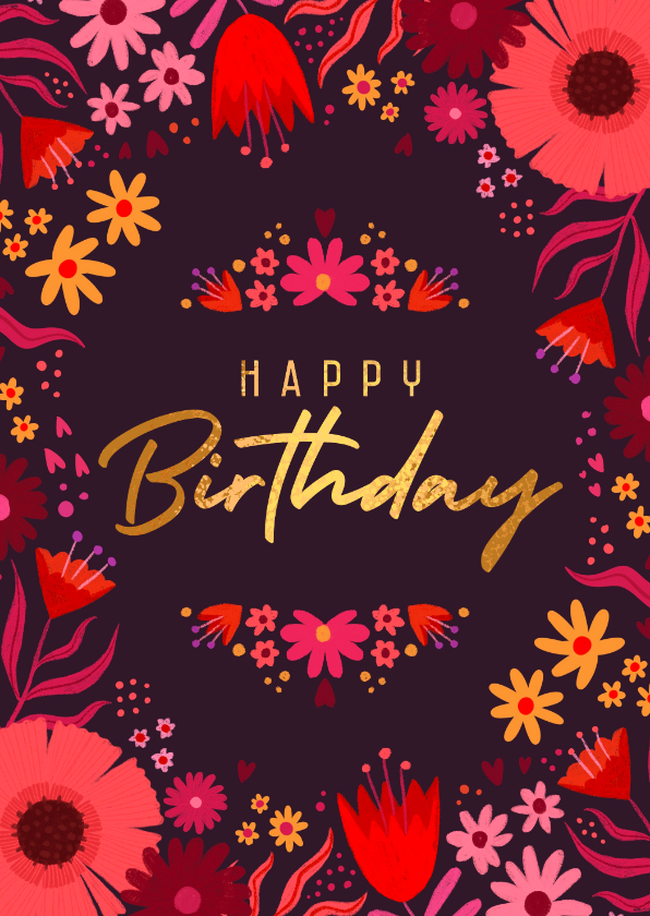 Verjaardagskaarten - Verjaardagskaart kleurrijke bloemen paarse achtergrond 
