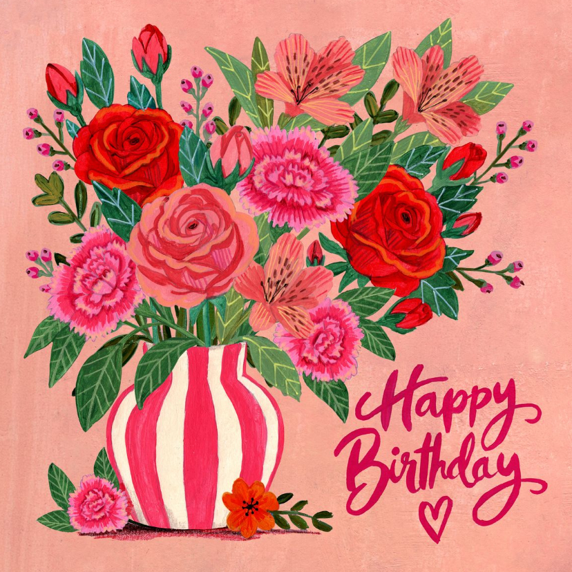 Verjaardagskaart kleurrijke rode en roze bloemen op vaas - Verjaardagskaarten Verjaardagskaarten - Verjaardagskaart kleurrijke rode en roze bloemen op vaas
