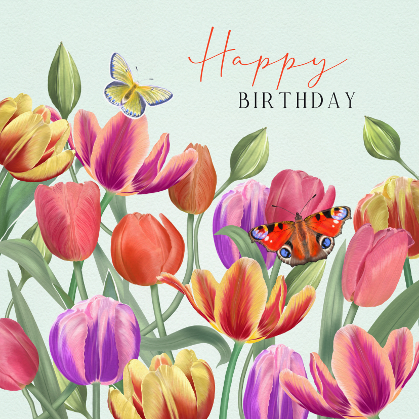 Verjaardagskaarten - Verjaardagskaart kleurrijke tulpen en vlinders