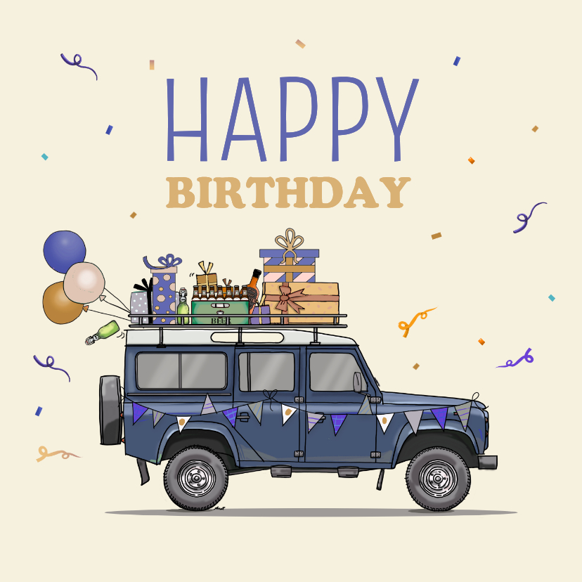 Verjaardagskaart Landrover blauw met vlaggetjes - Verjaardagskaarten Verjaardagskaarten - Verjaardagskaart Landrover blauw met vlaggetjes