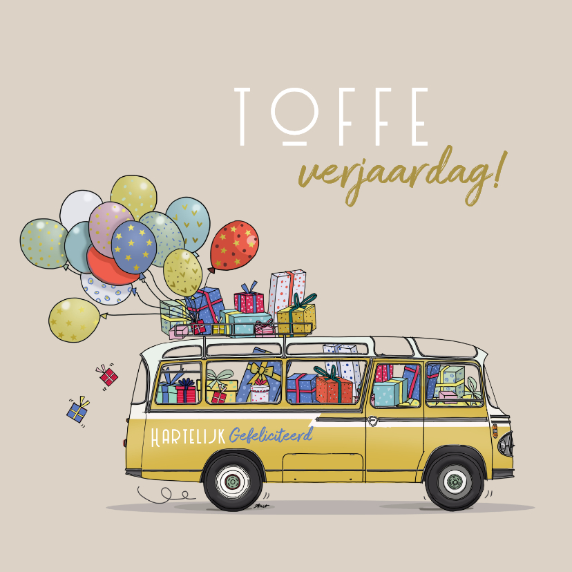 Verjaardagskaarten - Verjaardagskaart lange bus met ballonnen