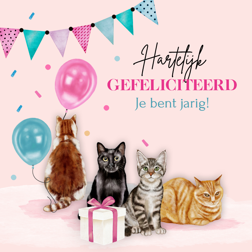 Verjaardagskaarten - Verjaardagskaart leuke katten met ballonnen 
