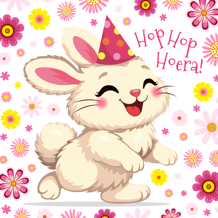 Verjaardagskaarten - Verjaardagskaart lief konijntje met bloemen