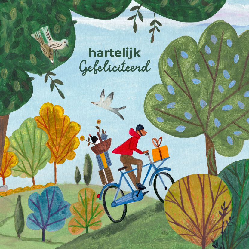 Verjaardagskaarten - Verjaardagskaart man fietsend natuur illustratie