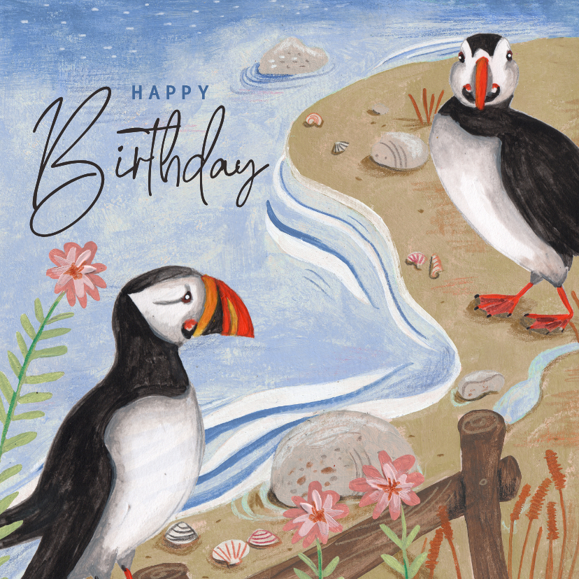 Verjaardagskaarten - Verjaardagskaart man papegaaiduiker kust zee illustratie