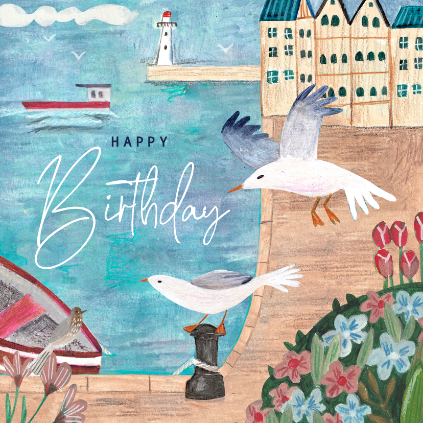 Verjaardagskaarten - Verjaardagskaart man zee haven meeuwen illustratie