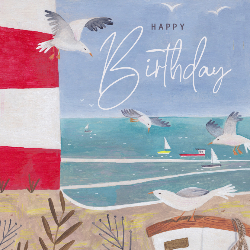 Verjaardagskaarten - Verjaardagskaart man zee vuurtoren kust illustratie