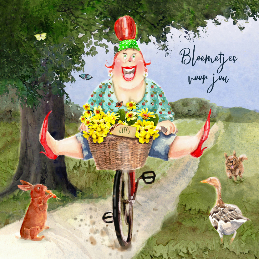 Verjaardagskaarten - Verjaardagskaart mand met gele bloemen op de fiets