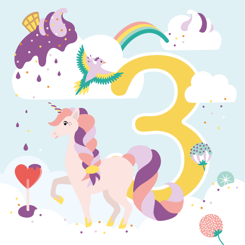 Verjaardagskaarten - Verjaardagskaart meisje 3 jaar met eenhoorn