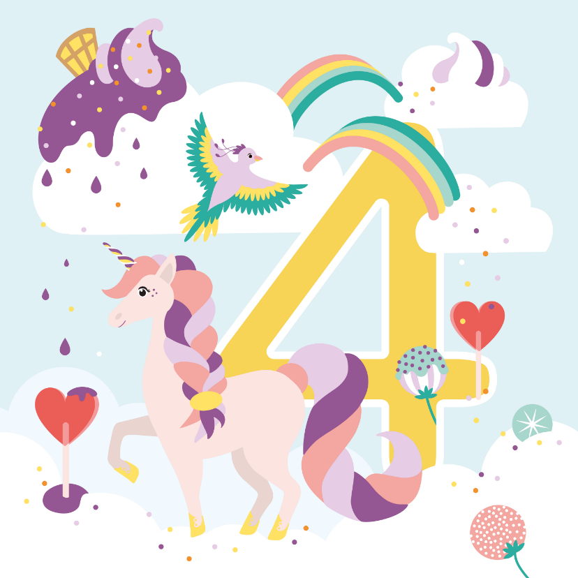 Verjaardagskaarten - verjaardagskaart-meisje-4-jaar-met-eenhoorn