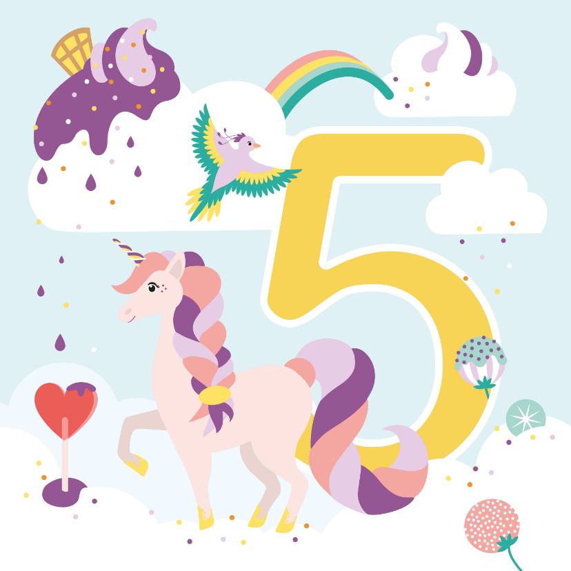 Verjaardagskaarten - Verjaardagskaart meisje 5 jaar met eenhoorn