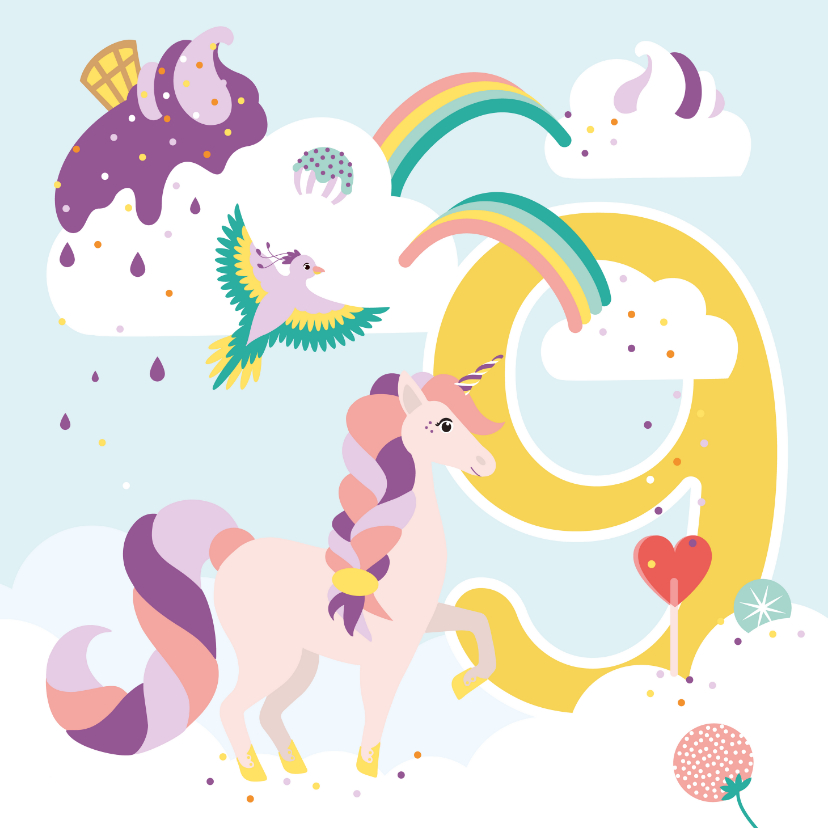 Verjaardagskaarten - Verjaardagskaart meisje 9 jaar met eenhoorn