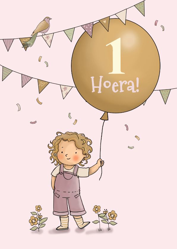 Verjaardagskaarten - Verjaardagskaart meisje met ballon en vogel