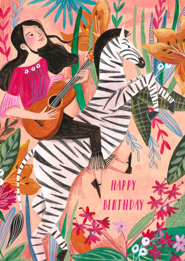 Verjaardagskaart meisje met gitaar op zebra met bloemen - Verjaardagskaarten Verjaardagskaarten - Verjaardagskaart meisje met gitaar op zebra met bloemen