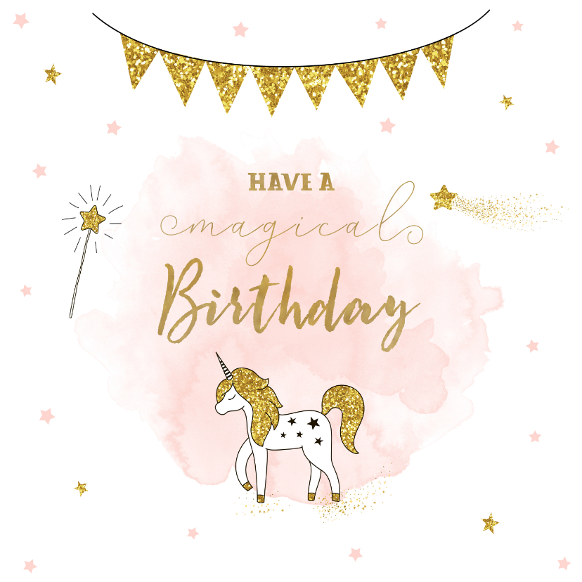 Verjaardagskaarten - Verjaardagskaart meisje met unicorn en gouden sterren