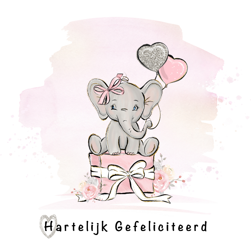 Verjaardagskaart meisje olifant en ballonnen - Verjaardagskaarten Verjaardagskaarten - Verjaardagskaart meisje olifant en ballonnen