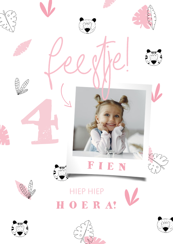 Verjaardagskaarten - Verjaardagskaart meisje roze jungle patroontje met foto