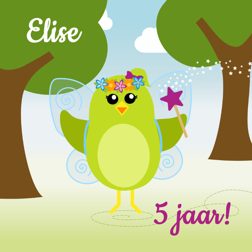 Verjaardagskaart meisje vogelfeetje in het bos - DD - Verjaardagskaarten Verjaardagskaarten - Verjaardagskaart meisje vogelfeetje in het bos - DD
