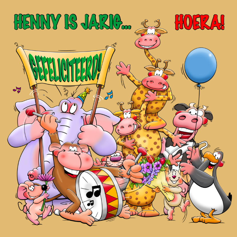 Verjaardagskaart met allemaal leuke juichende dieren - Verjaardagskaarten Verjaardagskaarten - Verjaardagskaart met allemaal leuke juichende dieren