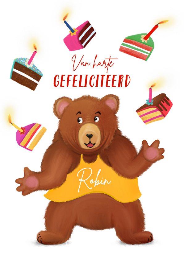 Verjaardagskaart met beer die jongleert met taartjes - Verjaardagskaarten Verjaardagskaarten - Verjaardagskaart met beer die jongleert met taartjes