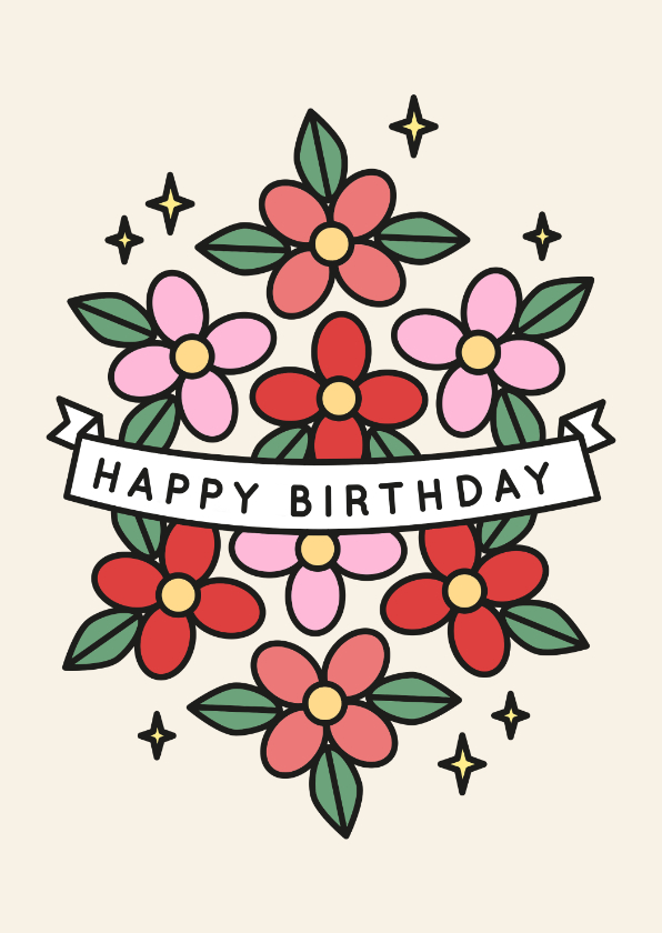 Verjaardagskaarten - Verjaardagskaart met bloemen in tattoo style