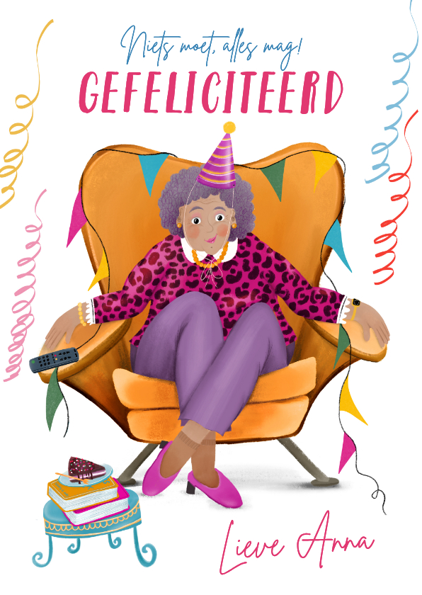 Verjaardagskaarten - Verjaardagskaart met dame in luie stoel
