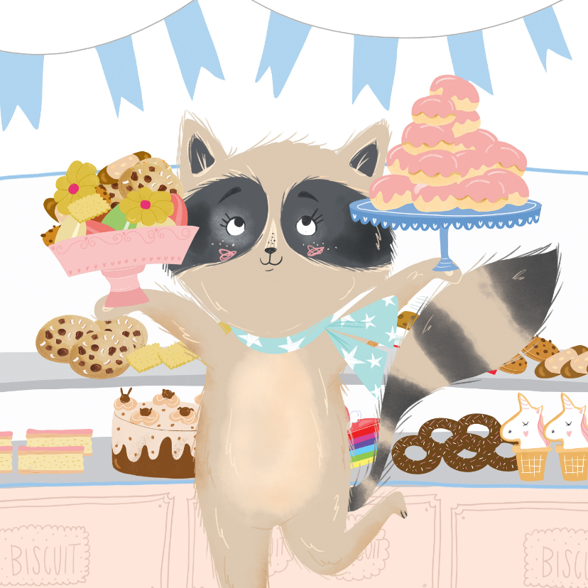 Verjaardagskaarten - Verjaardagskaart met een wasbeer met taartjes