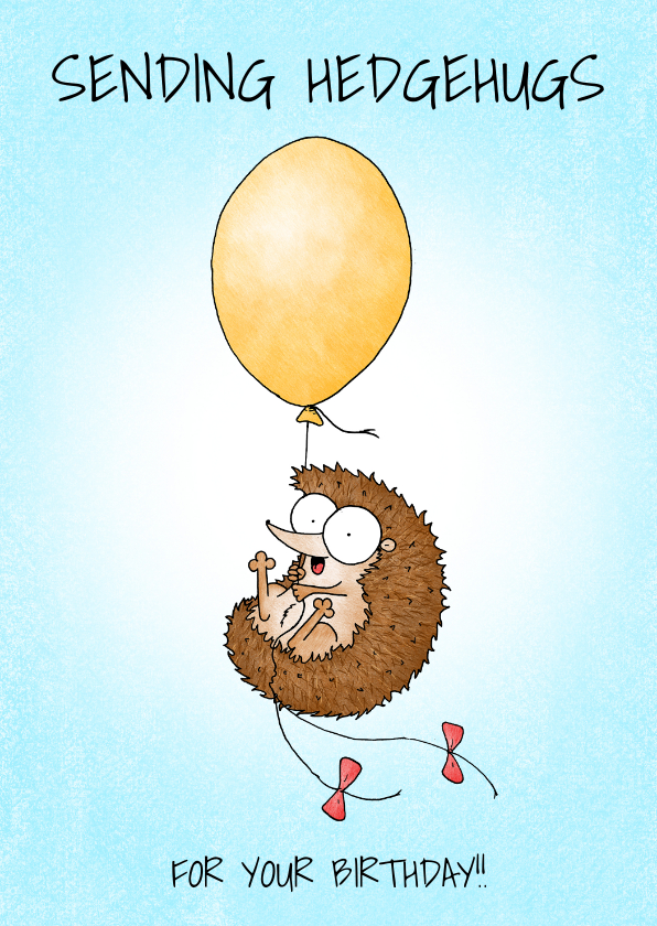 Verjaardagskaart met egeltje aan een gele ballon - Verjaardagskaarten Verjaardagskaarten - Verjaardagskaart met egeltje aan een gele ballon